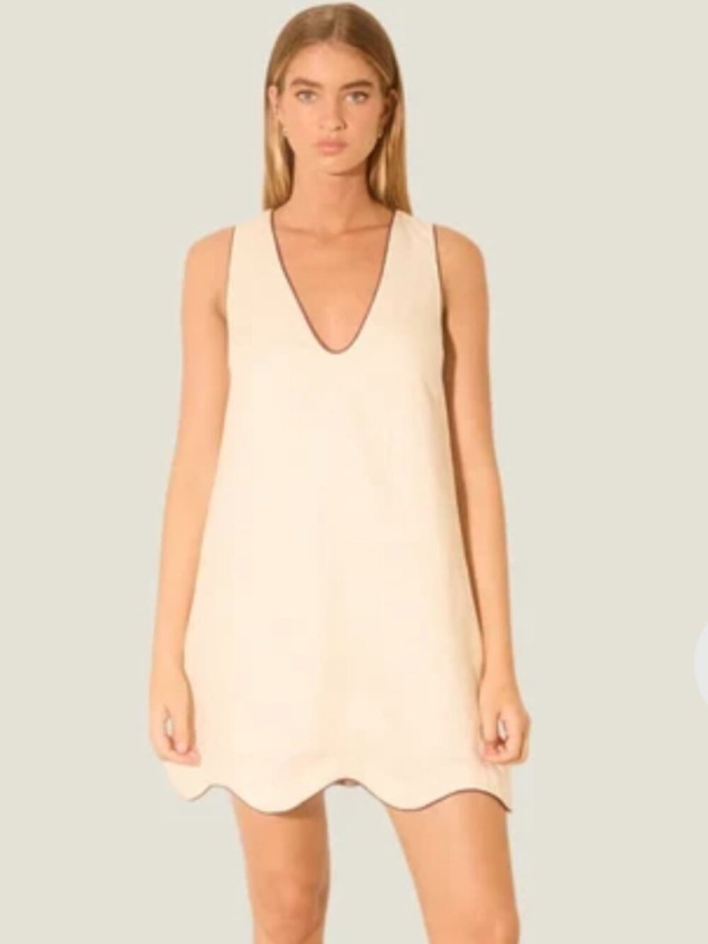 NWT MØN RENN Aleria Linen Mini Dress M Cream Contrast Scallop $179